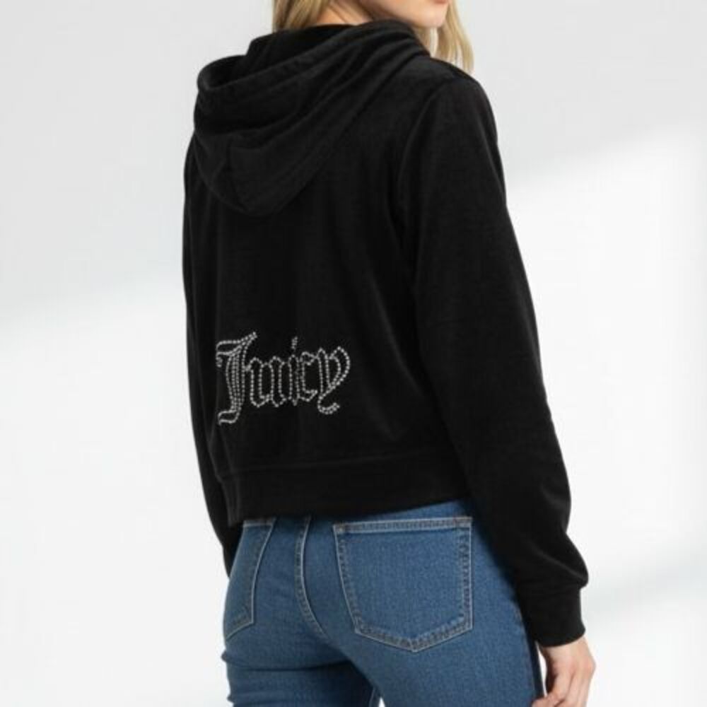 Juicy Couture Velour Tracksuit Jacket Women Large Black Crop Hoodie Rhinestones
